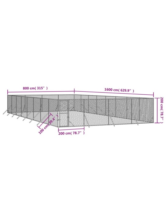 Venkovní psí kotec stříbrný 8 x 16 x 2 m pozinkovaná ocel