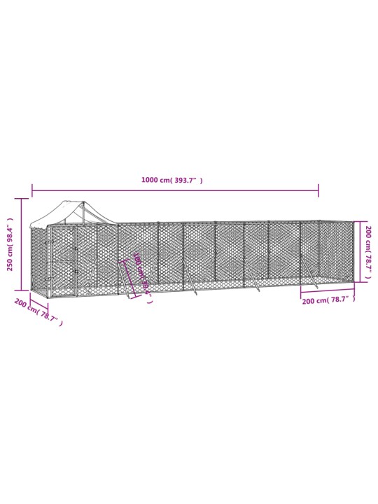 Venkovní psí kotec se střechou stříbrný 10 x 2 x 2,5 m ocel
