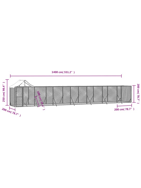 Venkovní psí kotec se střechou stříbrný 14 x 2 x 2,5 m ocel