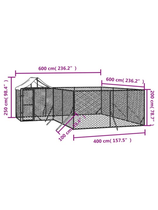 Venkovní psí kotec se střechou stříbrný 6 x 6 x 2,5 m ocel