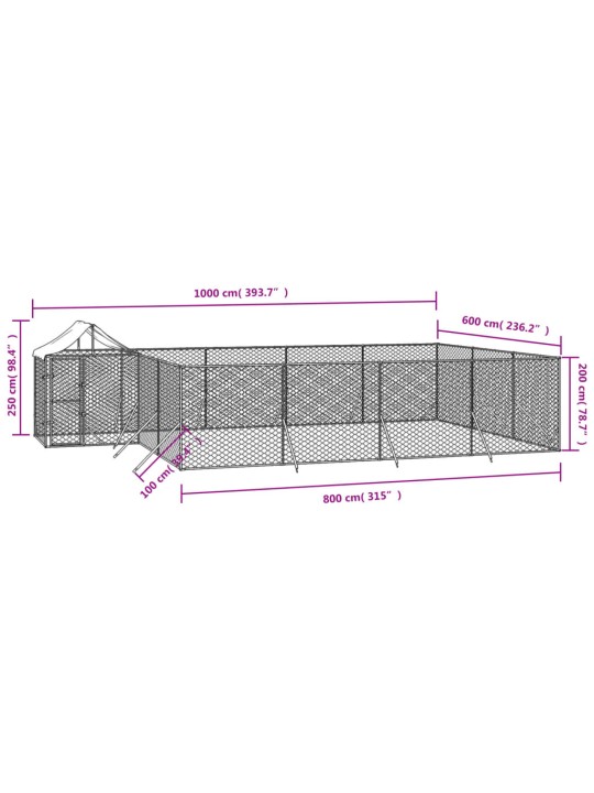 Venkovní psí kotec se střechou stříbrný 10 x 6 x 2,5 m ocel
