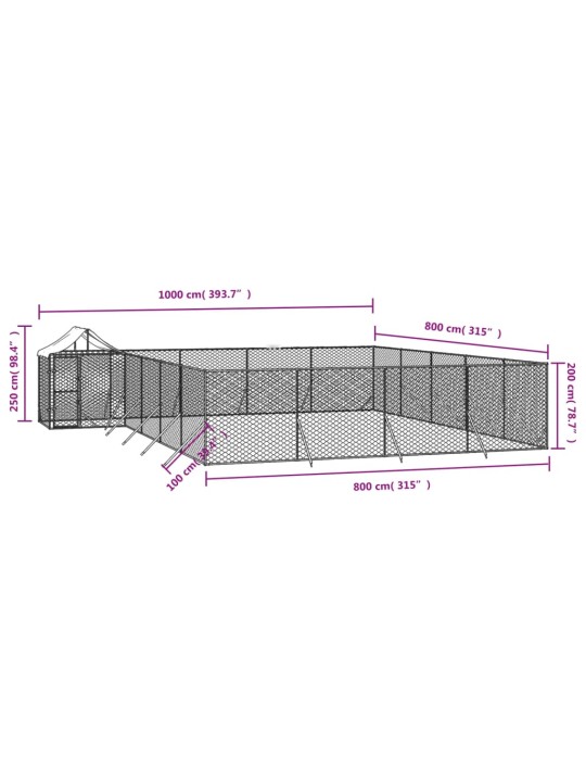 Venkovní psí kotec se střechou stříbrný 10 x 8 x 2,5 m ocel