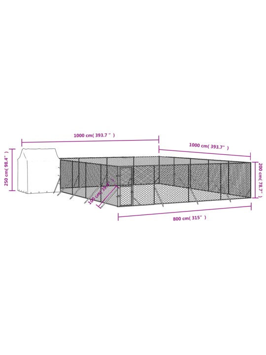 Venkovní psí kotec se střechou stříbrný 10 x 10 x 2,5 m ocel
