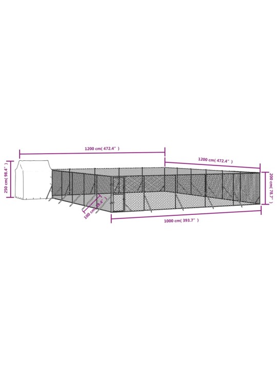 Venkovní psí kotec se střechou stříbrný 12 x 12 x 2,5 m ocel