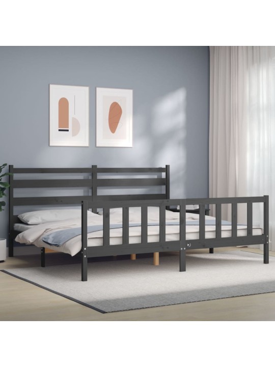 Rám postele s čelem šedý 200 x 200 cm masivní dřevo