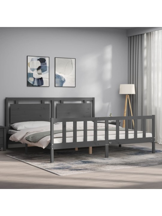 Rám postele s čelem šedý 200 x 200 cm masivní dřevo