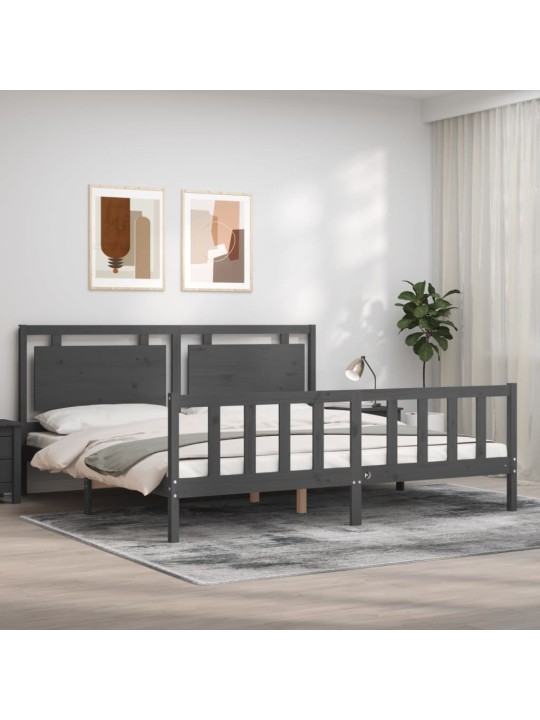 Rám postele s čelem šedý 200 x 200 cm masivní dřevo