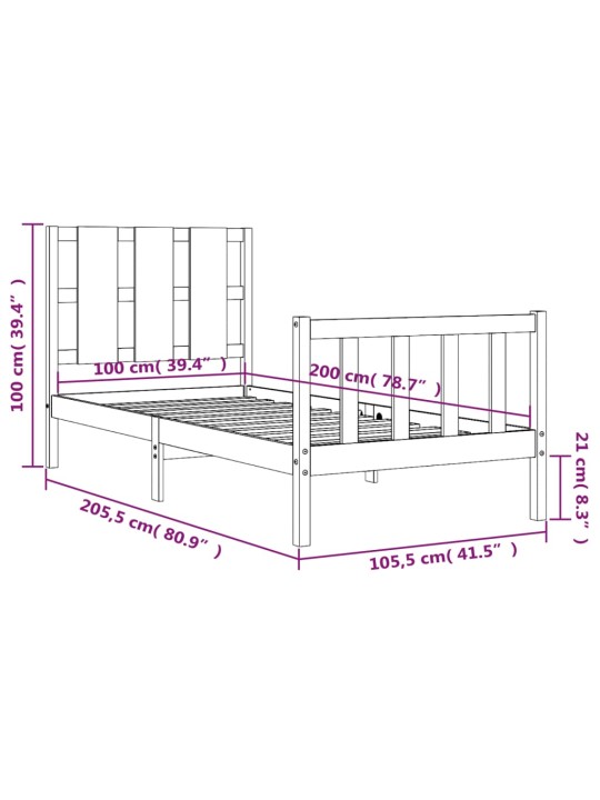 Rám postele s čelem černý 100 x 200 cm masivní dřevo