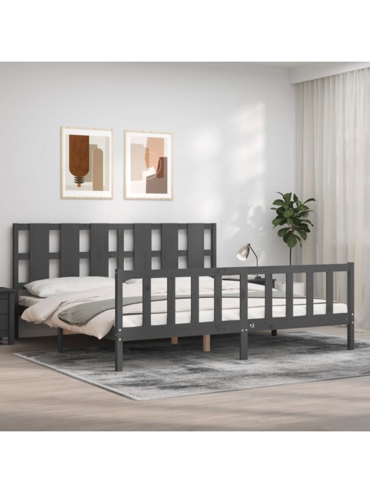 Rám postele s čelem šedý 200 x 200 cm masivní dřevo