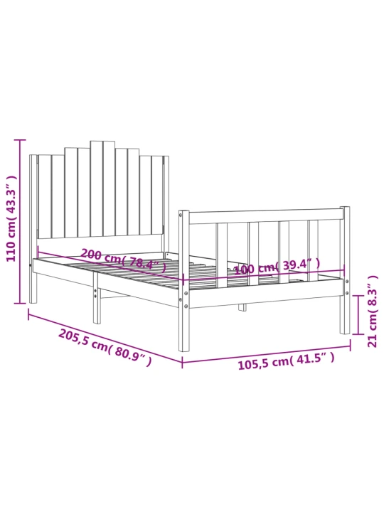 Rám postele s čelem černý 100 x 200 cm masivní dřevo