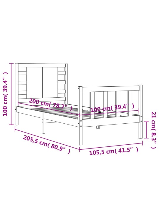 Rám postele s čelem černý 100 x 200 cm masivní dřevo