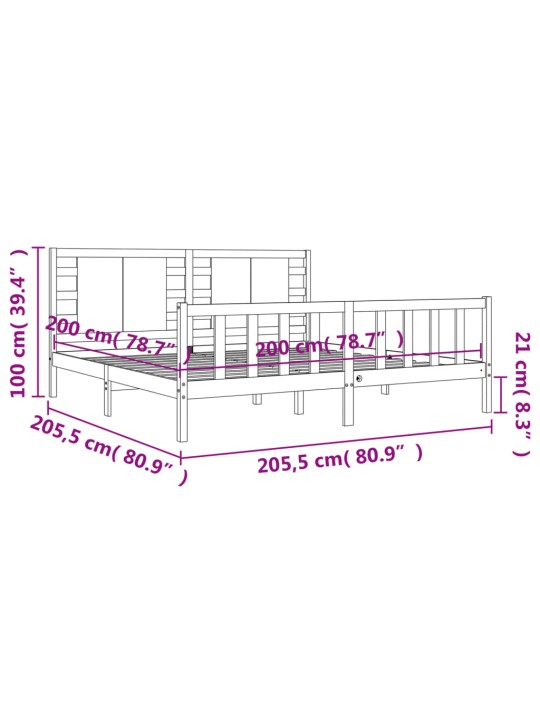 Rám postele s čelem šedý 200 x 200 cm masivní dřevo