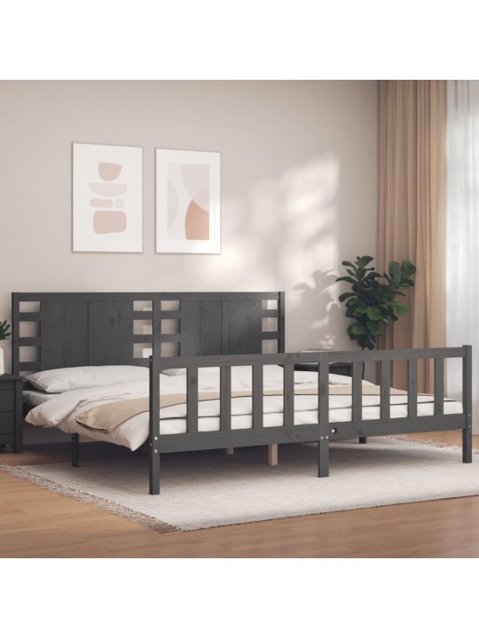 Rám postele s čelem šedý 200 x 200 cm masivní dřevo