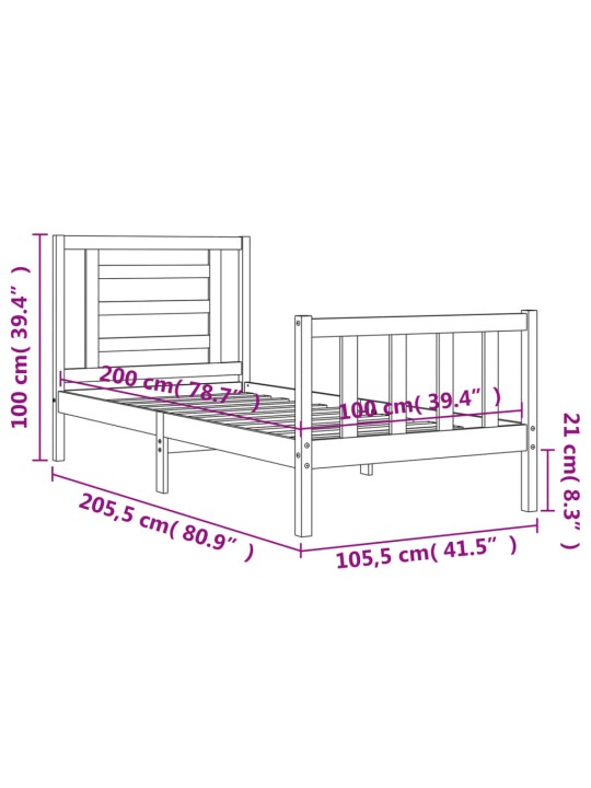 Rám postele s čelem černý 100 x 200 cm masivní dřevo