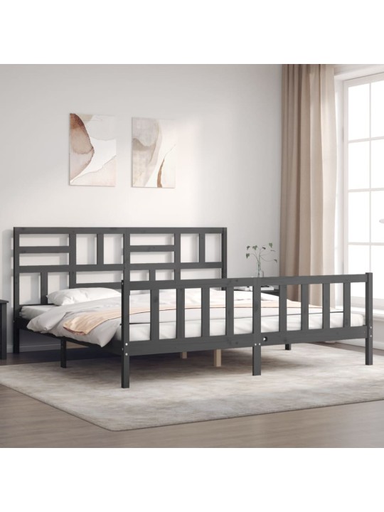 Rám postele s čelem šedý 200 x 200 cm masivní dřevo