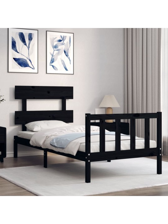 Rám postele s čelem černý 100 x 200 cm masivní dřevo