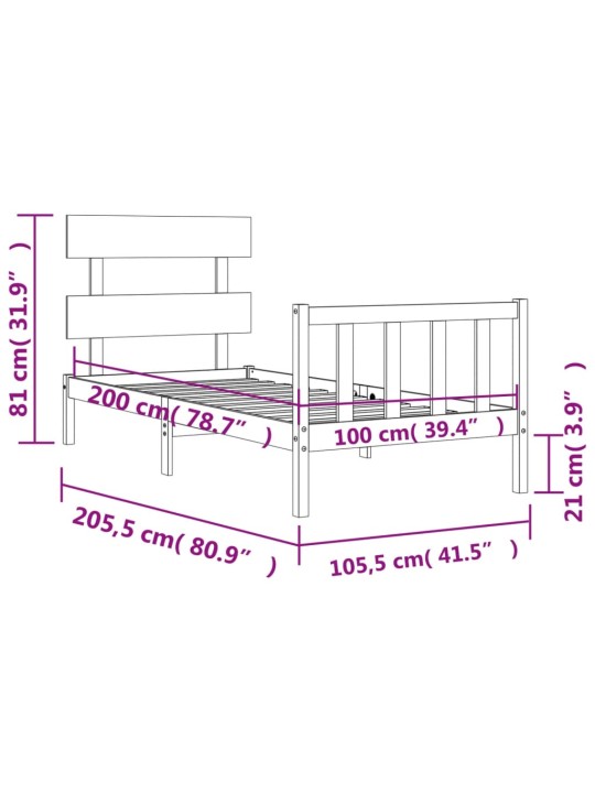 Rám postele s čelem černý 100 x 200 cm masivní dřevo