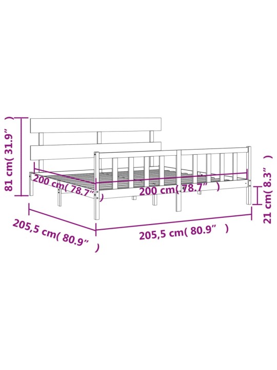 Rám postele s čelem šedý 200 x 200 cm masivní dřevo