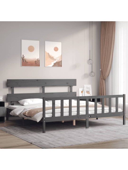 Rám postele s čelem šedý 200 x 200 cm masivní dřevo