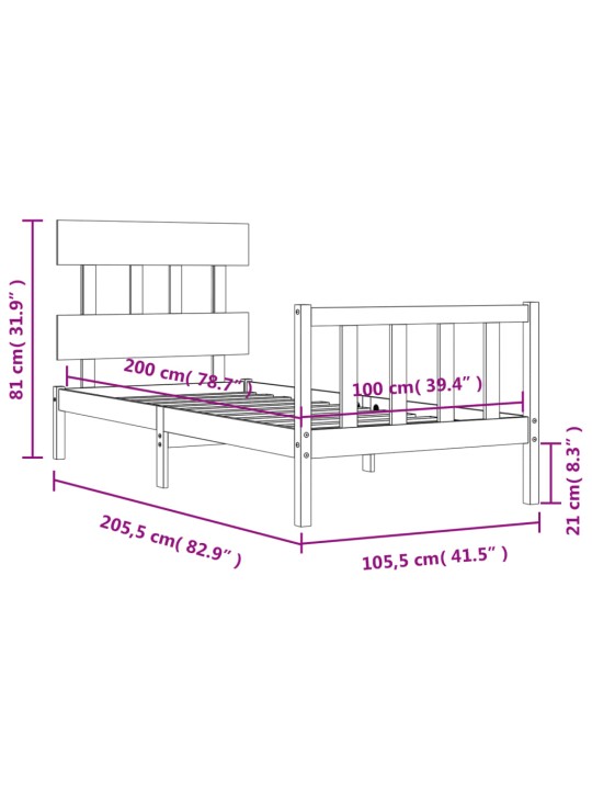 Rám postele s čelem černý 100 x 200 cm masivní dřevo
