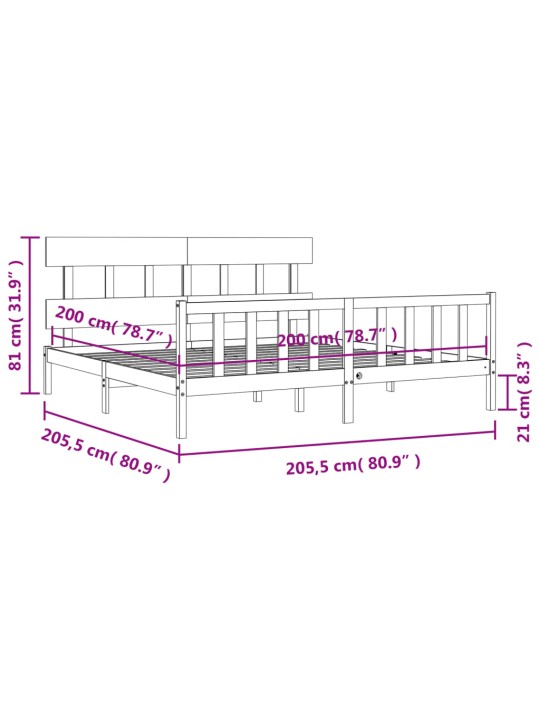 Rám postele s čelem šedý 200 x 200 cm masivní dřevo