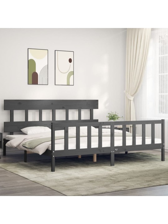 Rám postele s čelem šedý 200 x 200 cm masivní dřevo