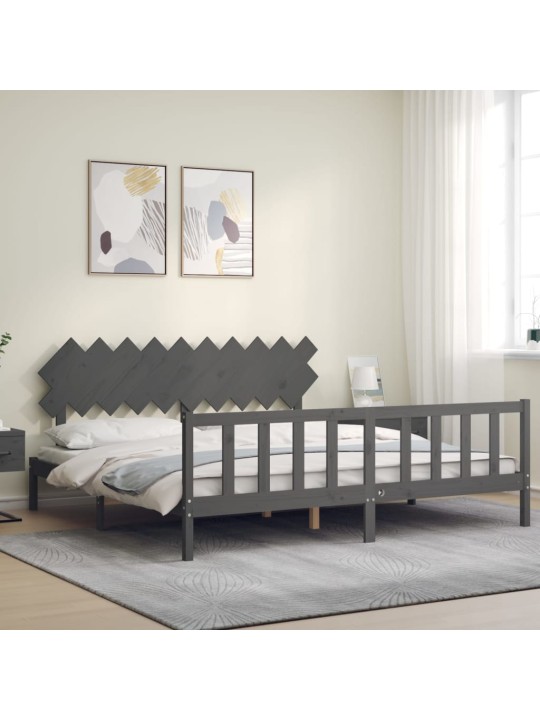 Rám postele s čelem šedý 200 x 200 cm masivní dřevo