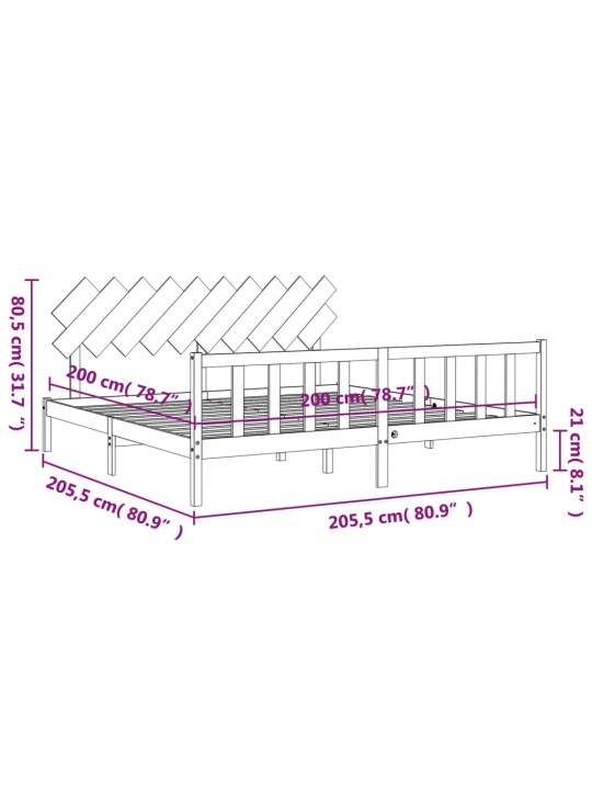 Rám postele s čelem šedý 200 x 200 cm masivní dřevo
