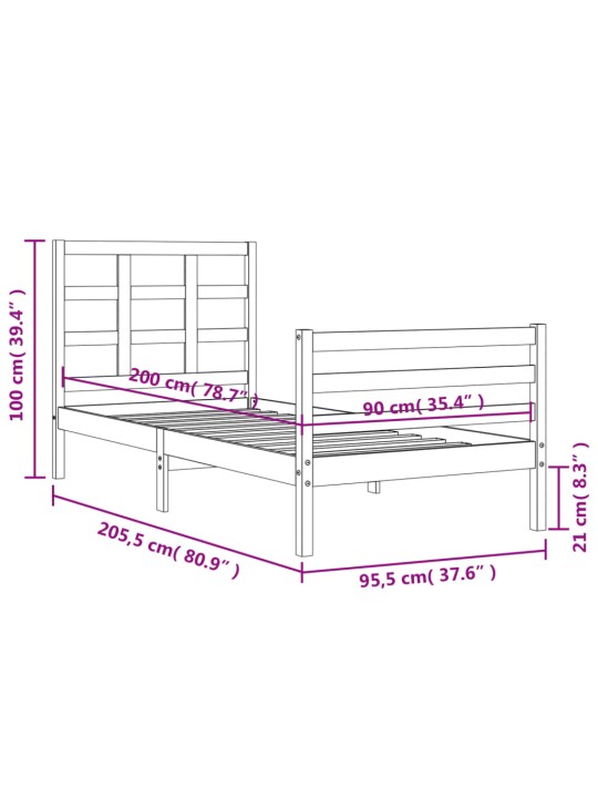 Rám postele s čelem bílý 90 x 200 cm masivní dřevo
