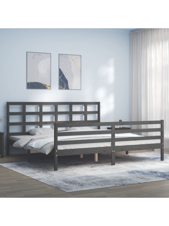 Rám postele s čelem šedý 200 x 200 cm masivní dřevo