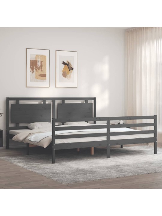 Rám postele s čelem šedý 200 x 200 cm masivní dřevo