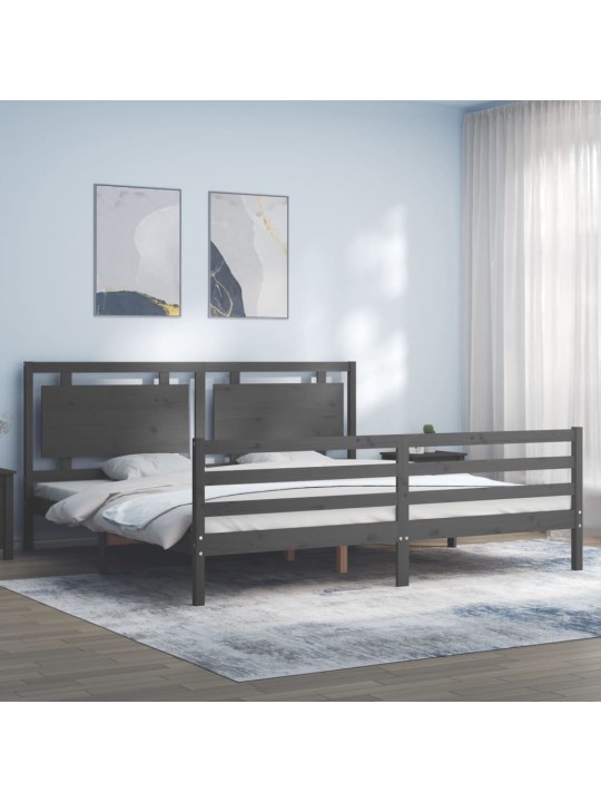Rám postele s čelem šedý 200 x 200 cm masivní dřevo