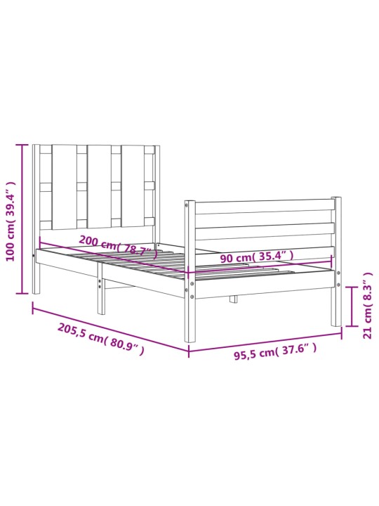 Rám postele s čelem bílý 90 x 200 cm masivní dřevo