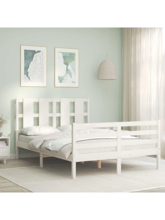 Rám postele s čelem bílý 140 x 200 cm masivní dřevo
