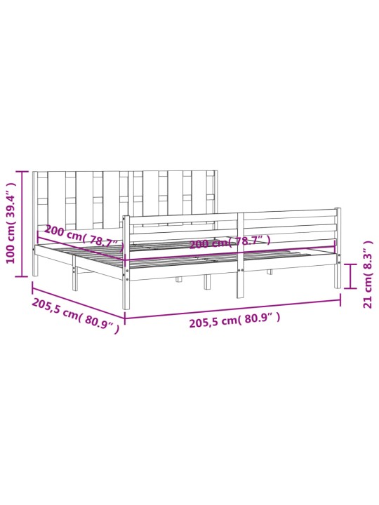 Rám postele s čelem šedý 200 x 200 cm masivní dřevo