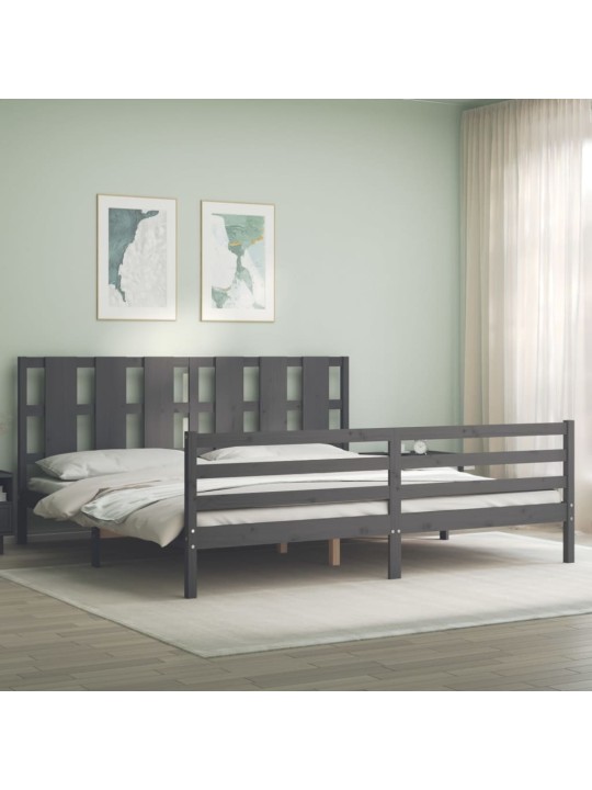 Rám postele s čelem šedý 200 x 200 cm masivní dřevo