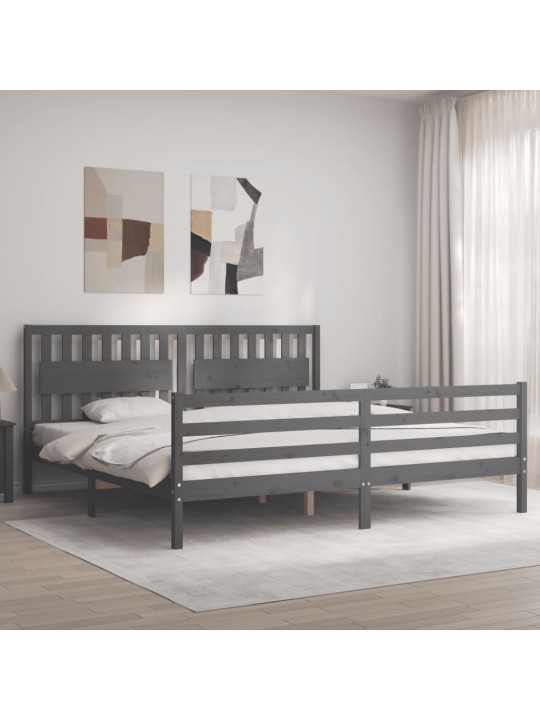 Rám postele s čelem šedý 200 x 200 cm masivní dřevo