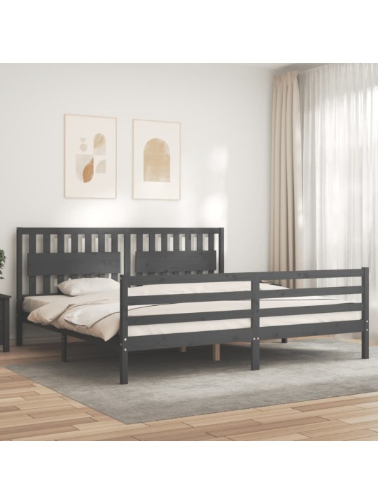 Rám postele s čelem šedý 200 x 200 cm masivní dřevo