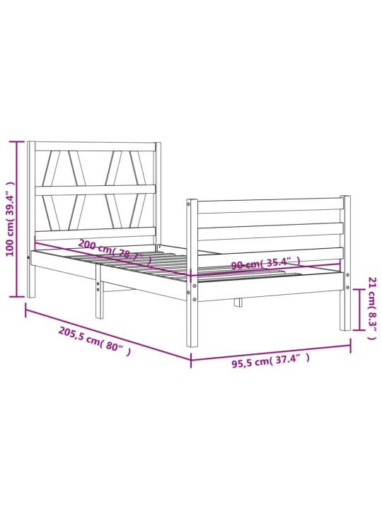 Rám postele s čelem bílý 90 x 200 cm masivní dřevo