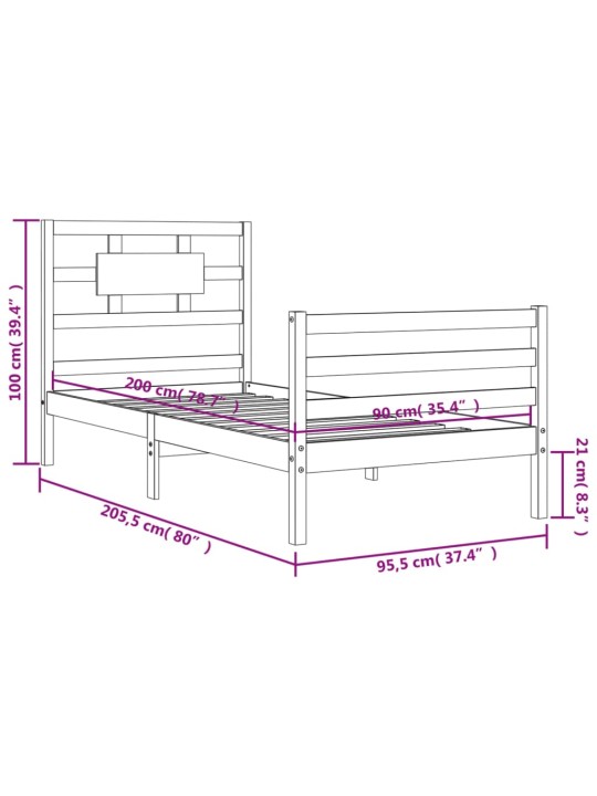Rám postele s čelem 90 x 200 cm masivní dřevo