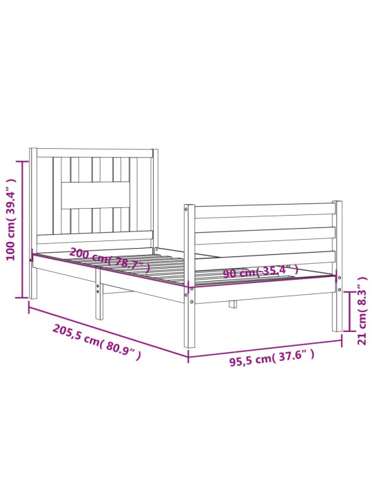 Rám postele s čelem bílý 90 x 200 cm masivní dřevo