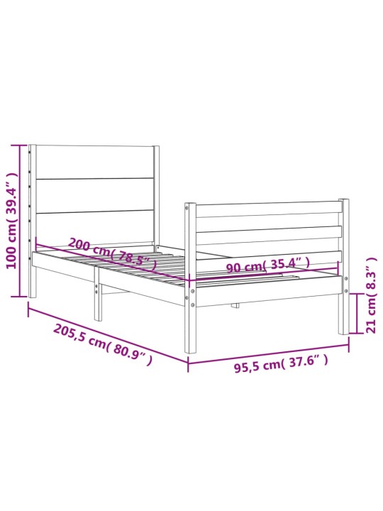 Rám postele s čelem 90 x 200 cm masivní dřevo