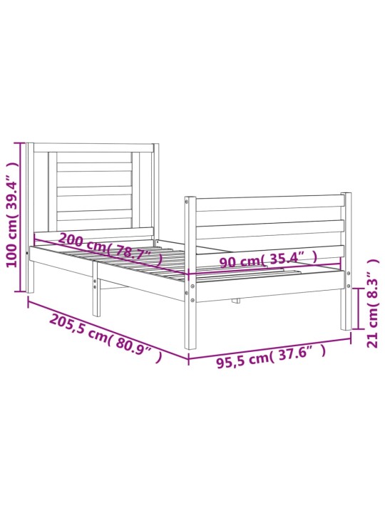 Rám postele s čelem 90 x 200 cm masivní dřevo