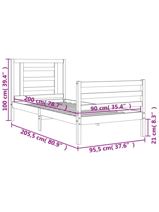 Rám postele s čelem bílý 90 x 200 cm masivní dřevo