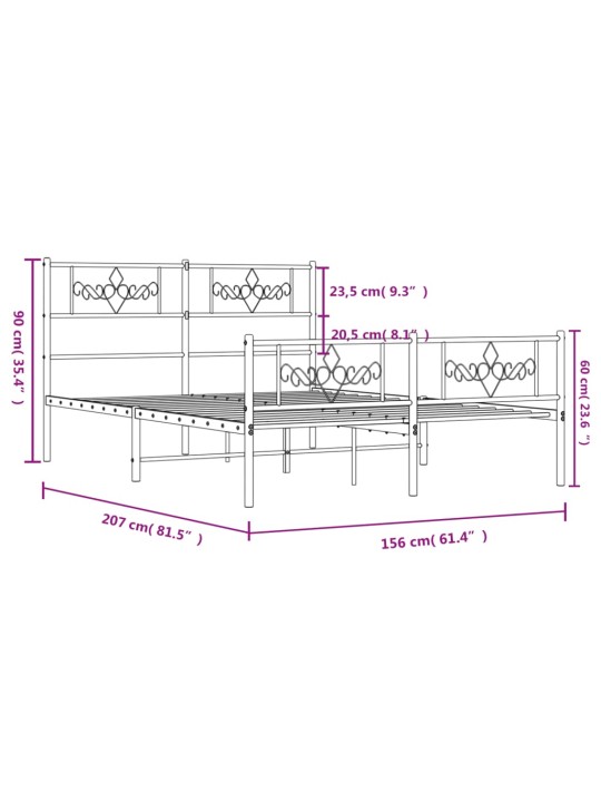 Kovový rám postele s hlavovým a nožním čelem černý 150 x 200 cm