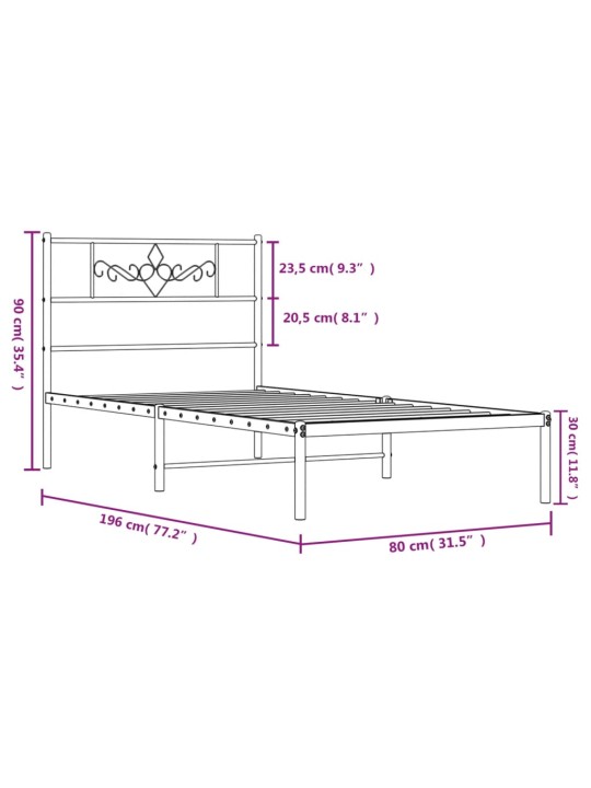 Kovový rám postele bez matrace s čelem bílý 75 x 190 cm