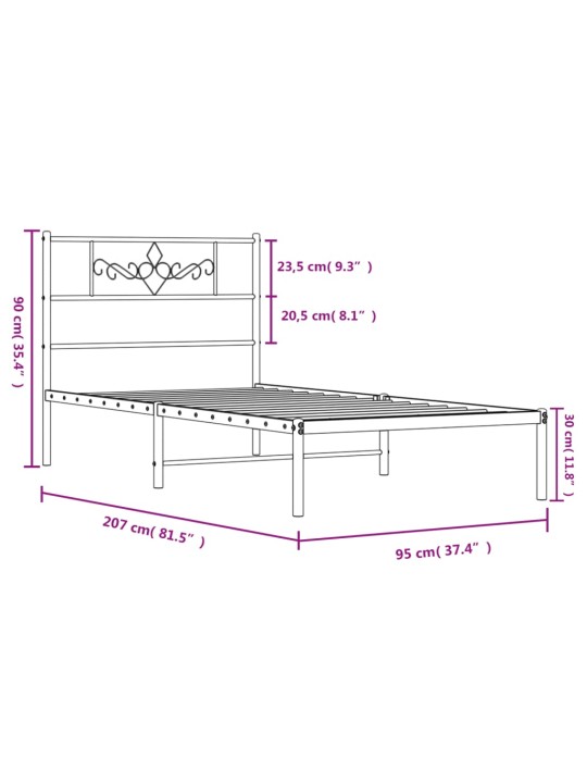 Kovový rám postele s čelem bílý 90 x 200 cm