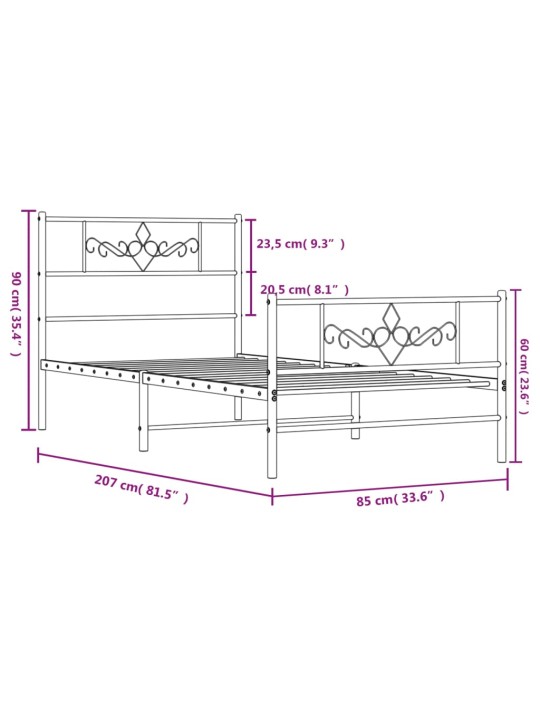 Kovový rám postele s hlavovým a nožním čelem bílý 80 x 200 cm