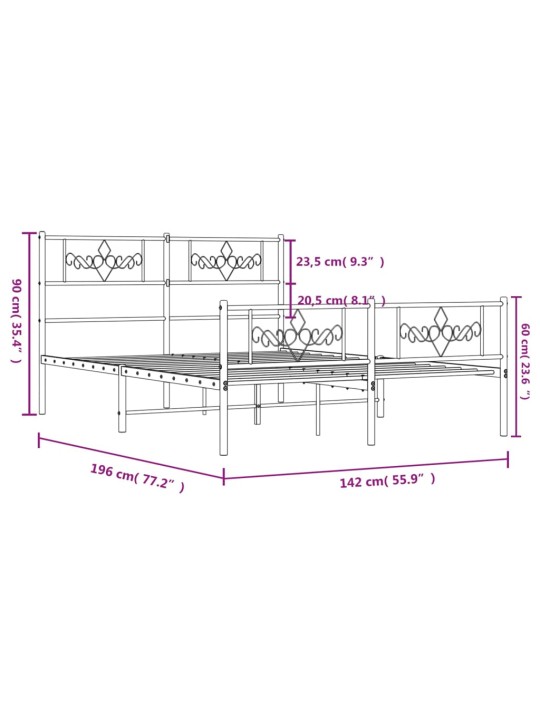 Kovový rám postele s hlavovým a nožním čelem bílý 135 x 190 cm