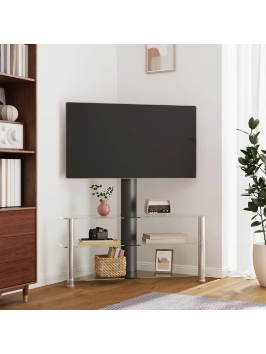 Rohový TV stojan 3patrový pro 32–70 palců černý a stříbrný